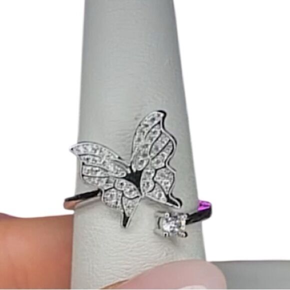 NEW White Gold Plated Pave Butterfly & Round Crystal CZ Adjustable Ring - Picture 3 of 11